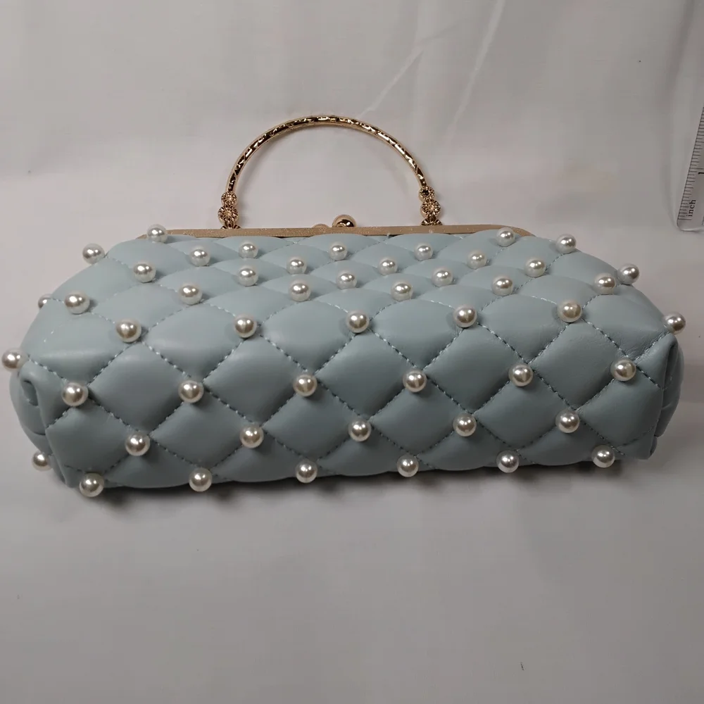 Chic Pearl-Embellished Light Blue Mini Bag - Picture 5 of 7